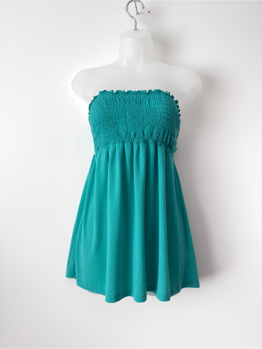 y2k teal strapless shirred dress